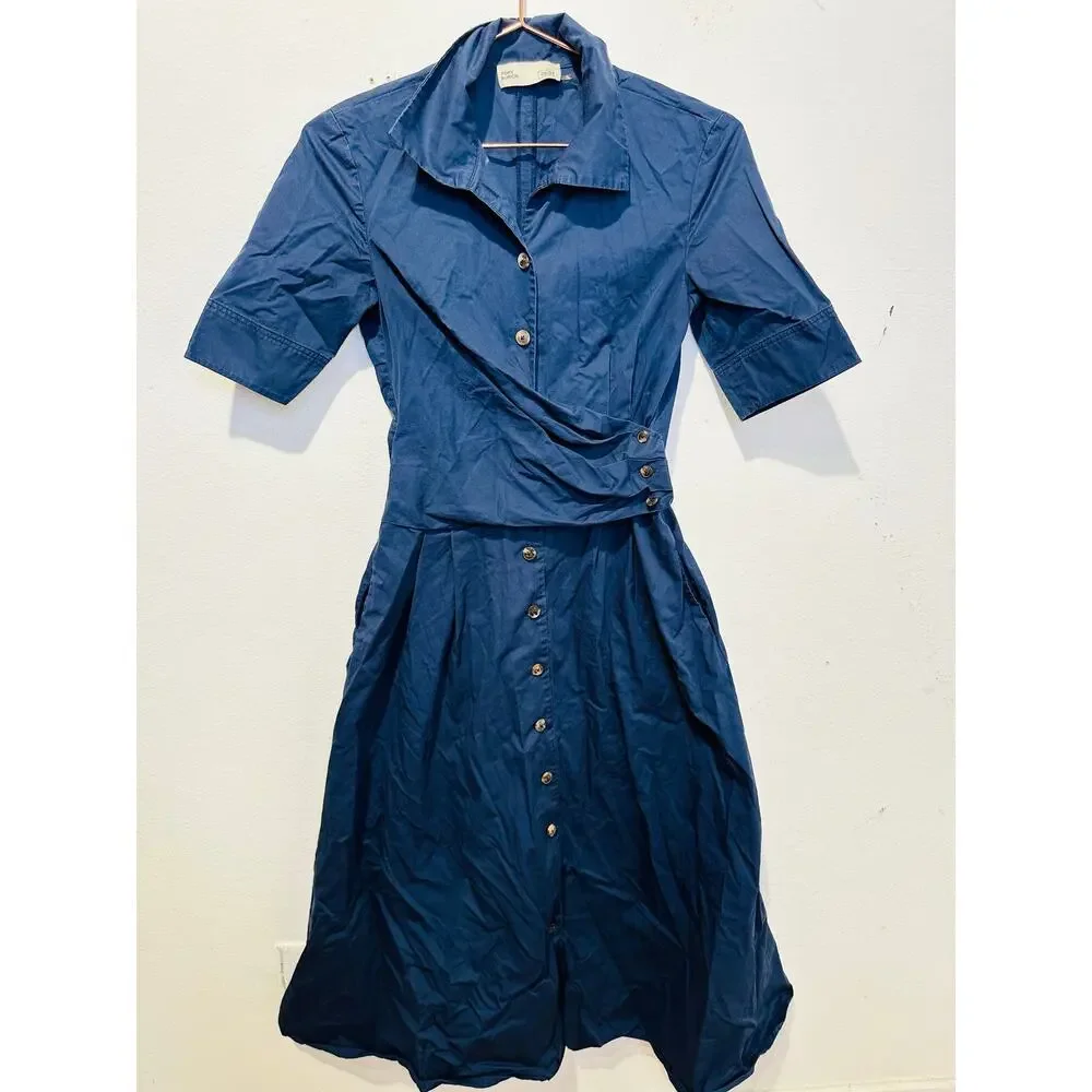 TORY BURCH Dark Blue 100% Cotton A-Line Short Sleeve Wrap Shirtdress Size 0